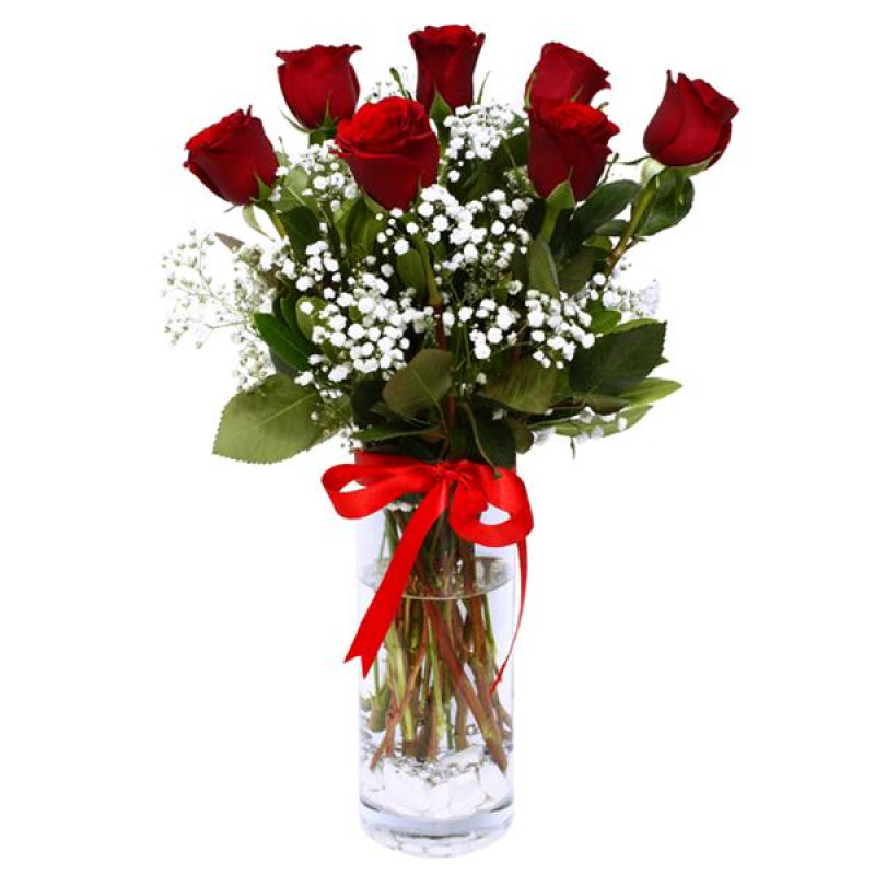Cam Vazoda 7 Kırmızı Gül